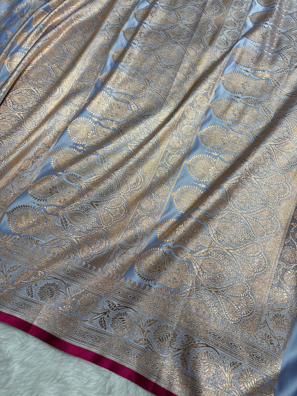 Powder Blue Shades Jaal Pattern Satin Katan Silk Saree SK25