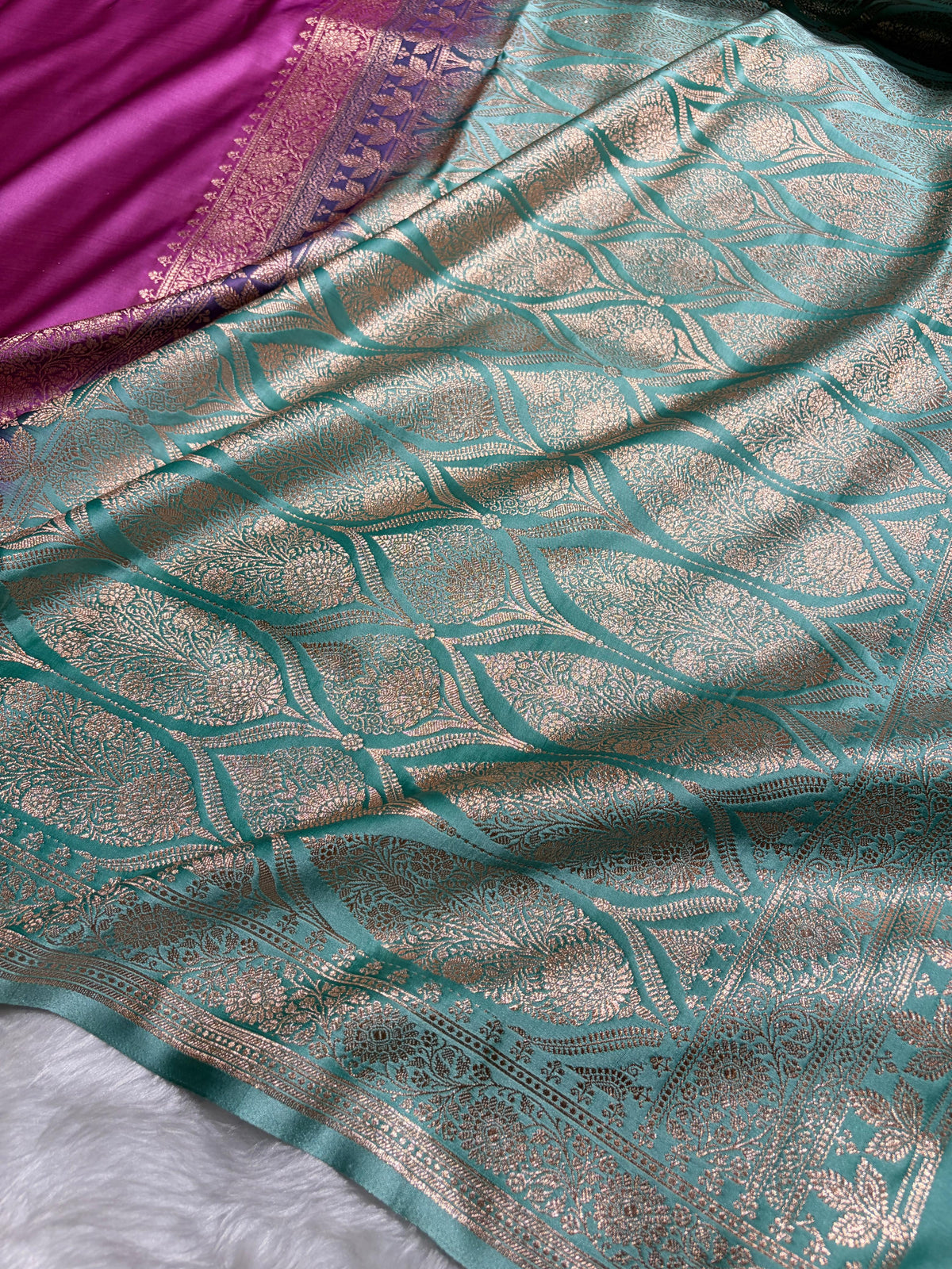 Banarasi Satin Katan Saree in Contrast Lavendar / Turquoise Shades SK131