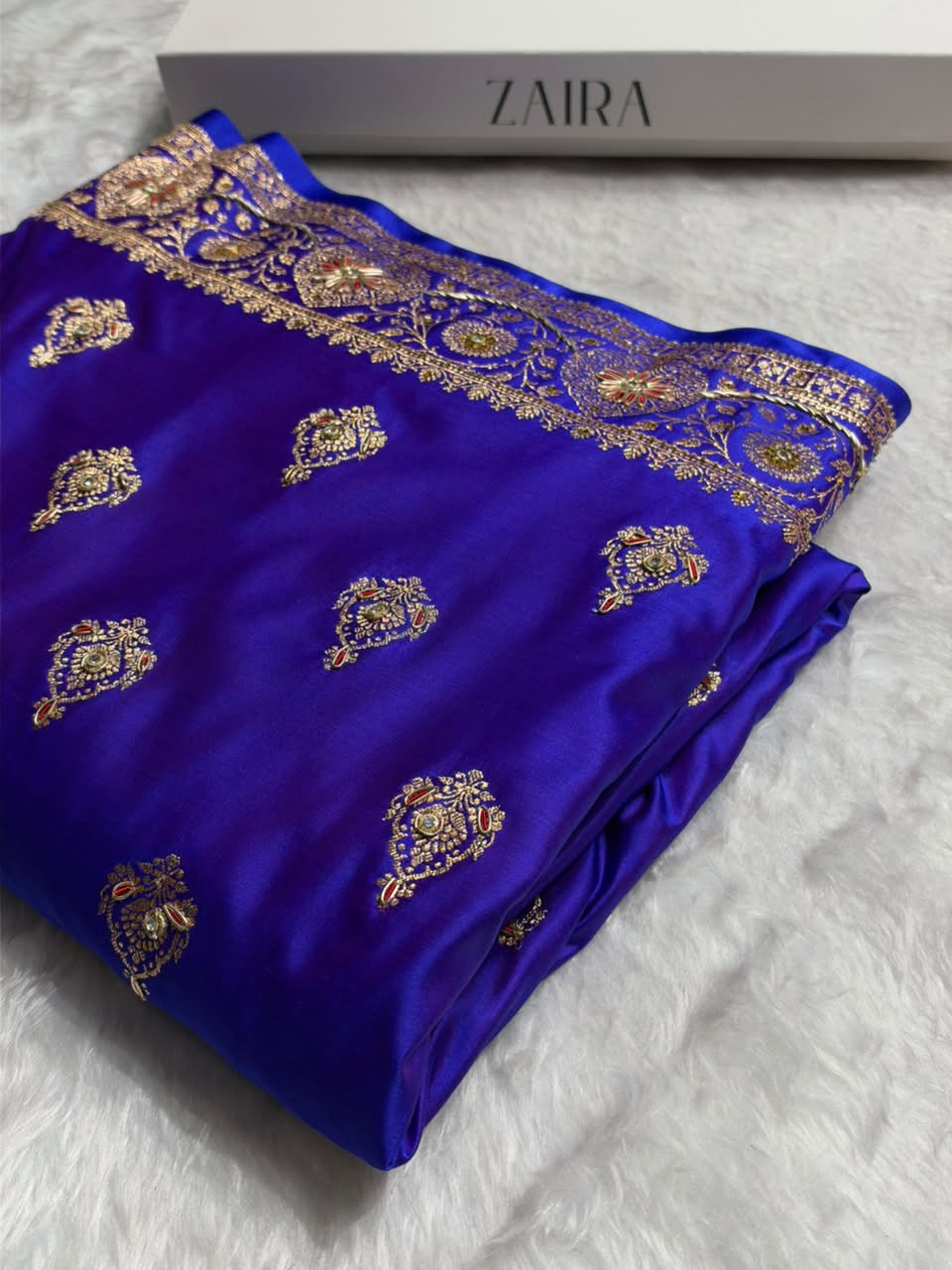 Banarasi Satin Katan Saree With Aari Zardozi Work Boota in Cross Royal Blue Shades BSK98