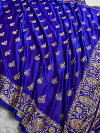 Banarasi Satin Katan Saree With Aari Zardozi Work Boota in Cross Royal Blue Shades BSK98