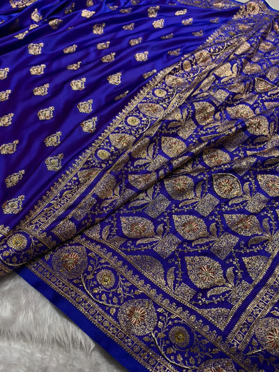 Banarasi Satin Katan Saree With Aari Zardozi Work Boota in Cross Royal Blue Shades BSK98