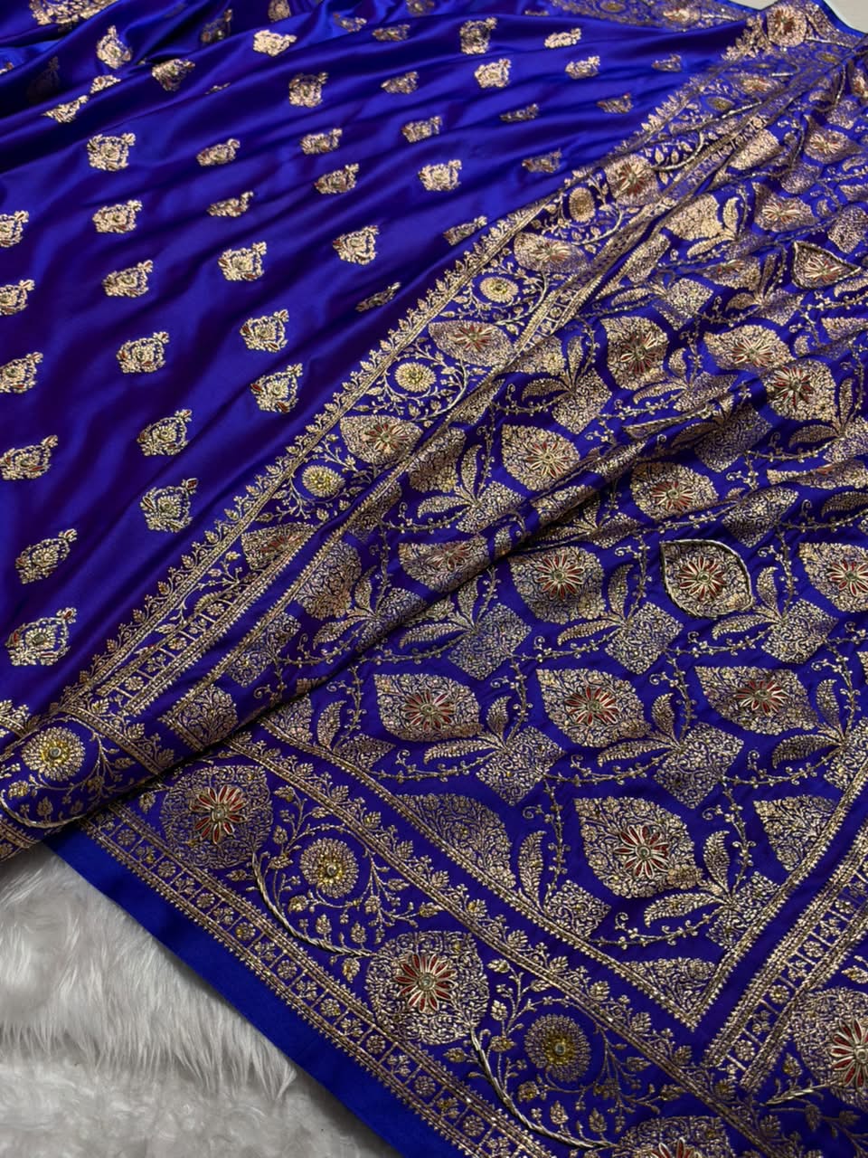 Banarasi Satin Katan Saree With Aari Zardozi Work Boota in Cross Royal Blue Shades BSK98