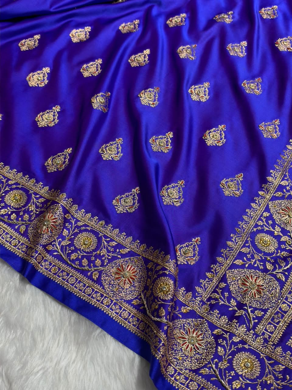 Banarasi Satin Katan Saree With Aari Zardozi Work Boota in Cross Royal Blue Shades BSK98