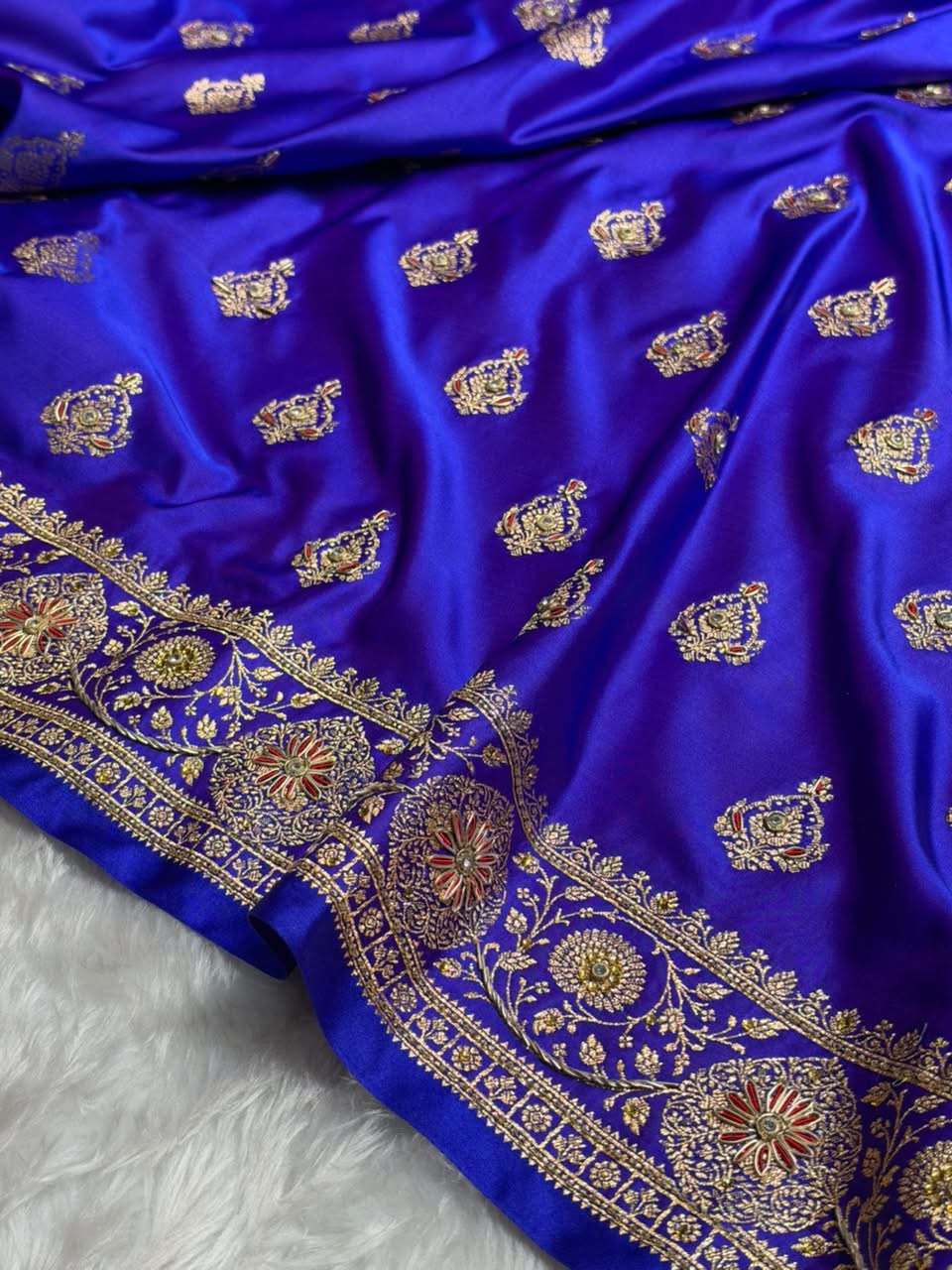 Banarasi Satin Katan Saree With Aari Zardozi Work Boota in Cross Royal Blue Shades BSK98