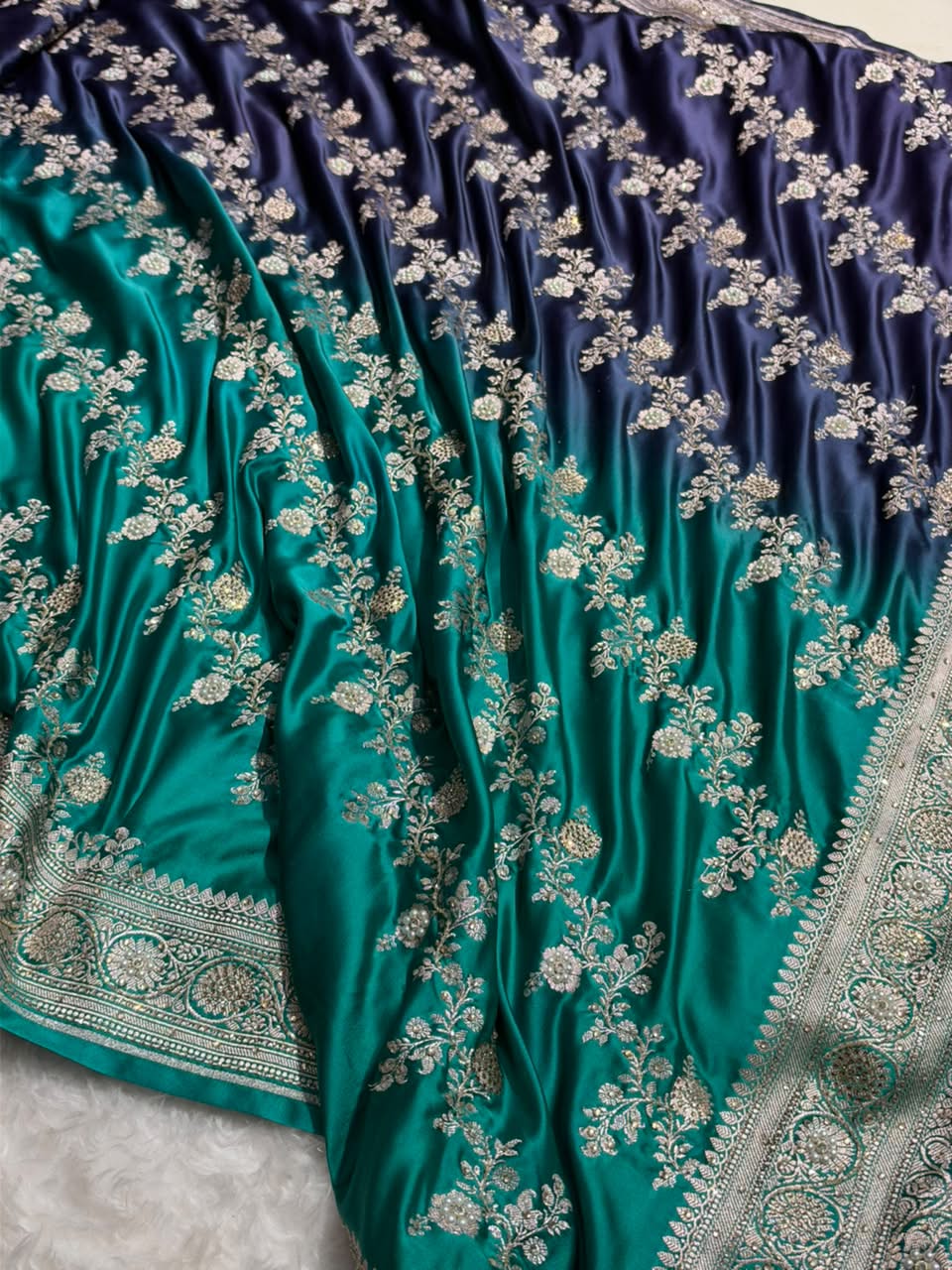 Peacock Ombre Shade Bridal Saree With Ari And Moti Work  BOMCS-01