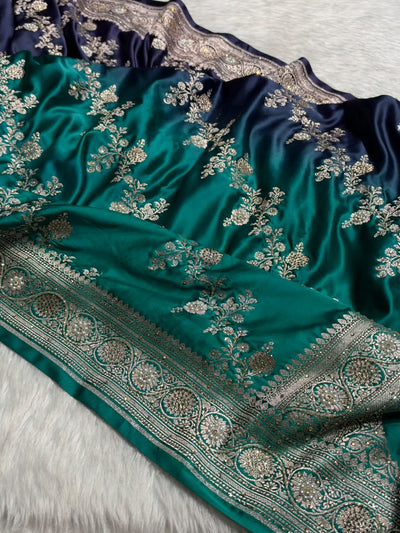 Peacock Ombre Shade Bridal Saree With Ari And Moti Work  BOMCS-01
