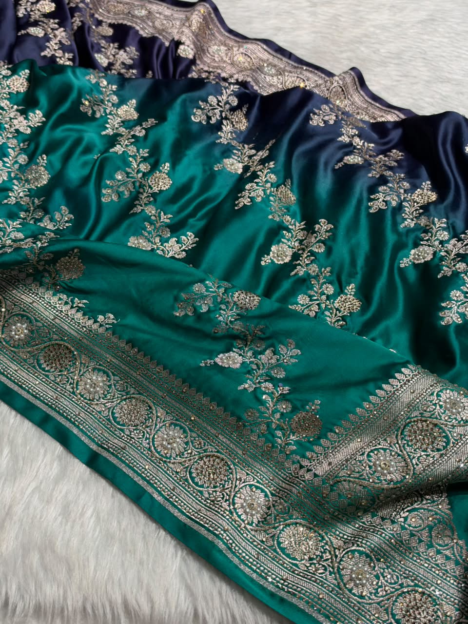 Peacock Ombre Shade Bridal Saree With Ari And Moti Work  BOMCS-01