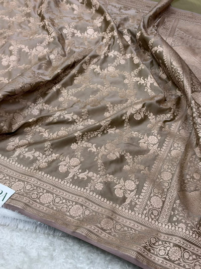 Olive Grey Shades Banarasi With Floral Jaal Pattern Mashru Silk Saree MSM-130