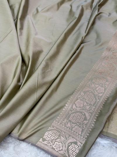 Olive Grey Shades Banarasi With Floral Jaal Pattern Mashru Silk Saree MSM-134