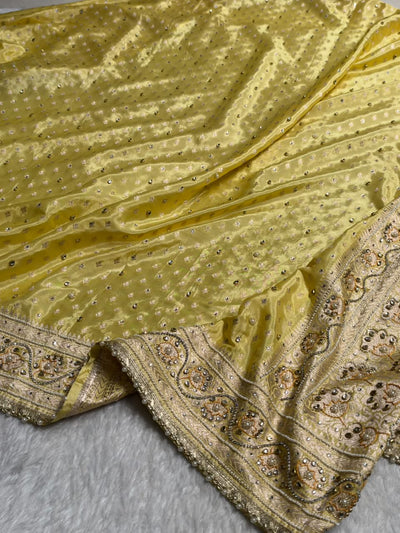Butter Yellow Shades Border Crepe Silky Katan With Ari Zardozi & Gotta Patti Work  Banarasi Saree BCSKGP-04