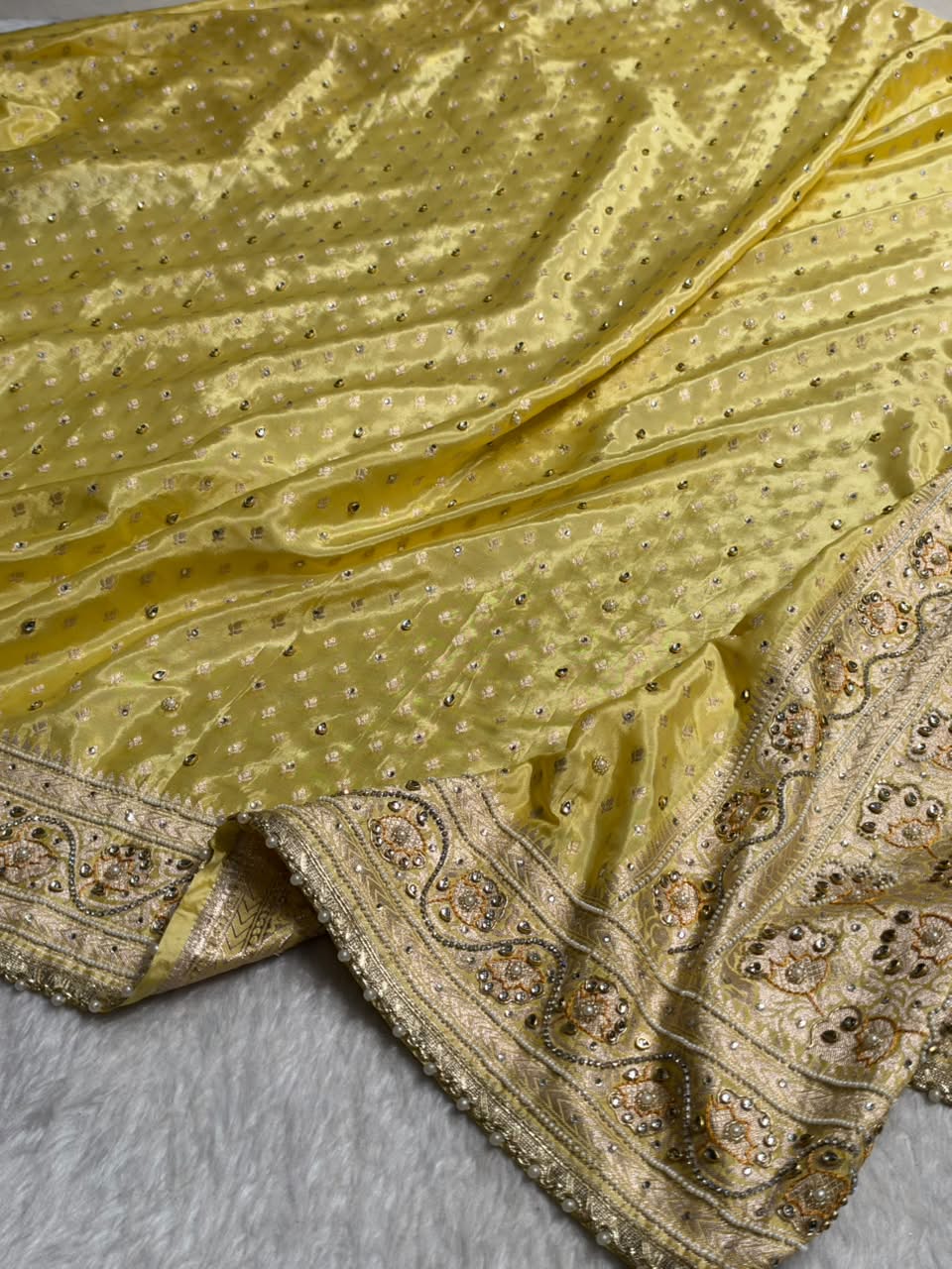 Butter Yellow Shades Border Crepe Silky Katan With Ari Zardozi & Gotta Patti Work  Banarasi Saree BCSKGP-04