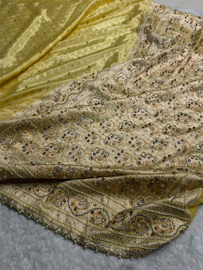 Butter Yellow Shades Border Crepe Silky Katan With Ari Zardozi & Gotta Patti Work  Banarasi Saree BCSKGP-04