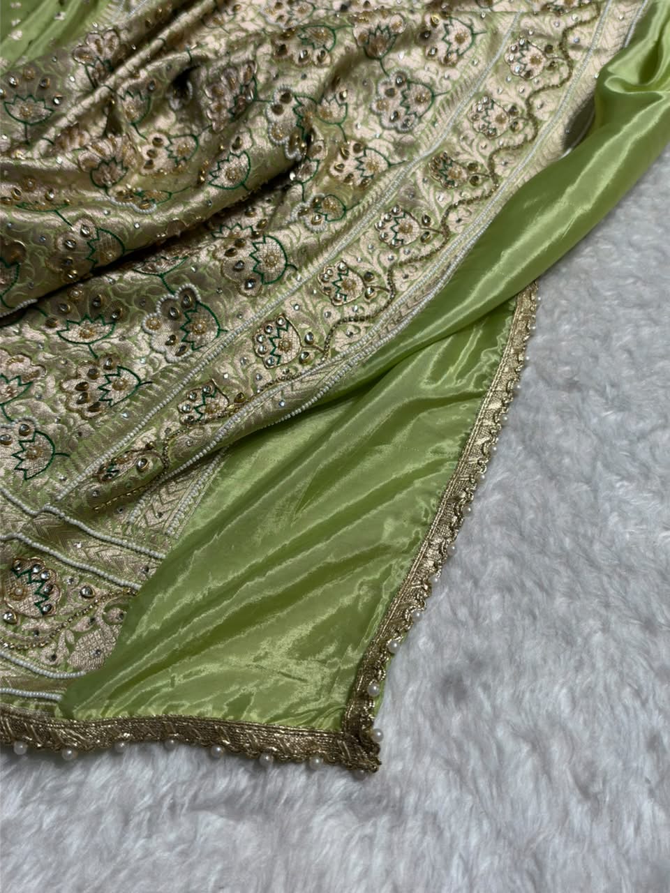 Pastel Pista Shades Border Crepe Silky Katan With Ari Zardozi & Gotta Patti Work  Banarasi Saree BCSKGP-04