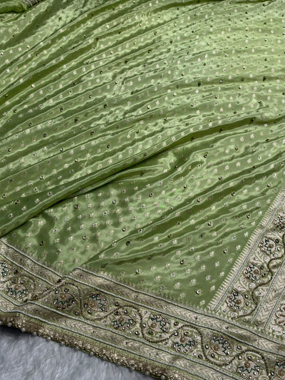 Pastel Pista Shades Border Crepe Silky Katan With Ari Zardozi & Gotta Patti Work  Banarasi Saree BCSKGP-04