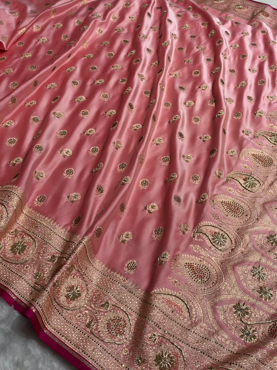 Baby Pink Shades Booti Katan Silk Saree with Stone & Zardozi Work BSK12