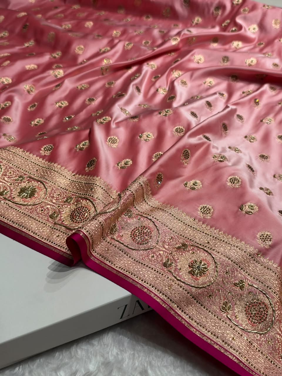 Baby Pink Shades Booti Katan Silk Saree with Stone & Zardozi Work BSK12