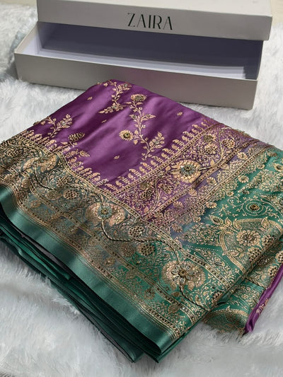 Royal Purple And Teal Green Contrast Banarasi Satin Katan Saree With Aari Zardozi Work Boota in Cross Royal Purle Shades BSK157