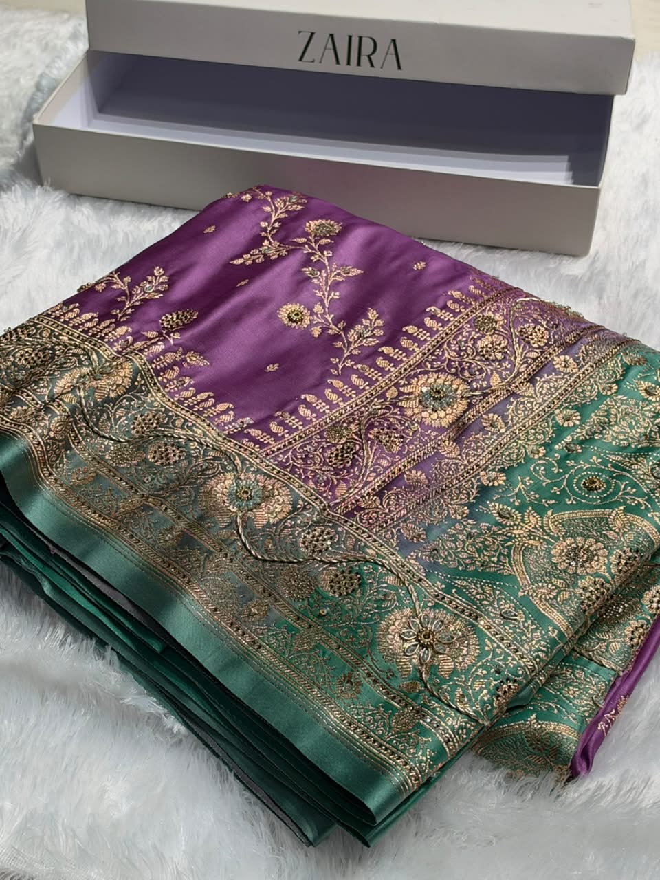 Royal Purple And Teal Green Contrast Banarasi Satin Katan Saree With Aari Zardozi Work Boota in Cross Royal Purle Shades BSK157