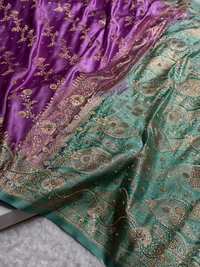 Royal Purple And Teal Green Contrast Banarasi Satin Katan Saree With Aari Zardozi Work Boota in Cross Royal Purle Shades BSK157