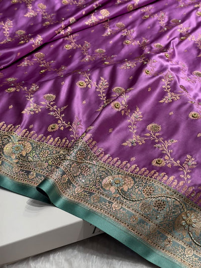 Royal Purple And Teal Green Contrast Banarasi Satin Katan Saree With Aari Zardozi Work Boota in Cross Royal Purle Shades BSK157