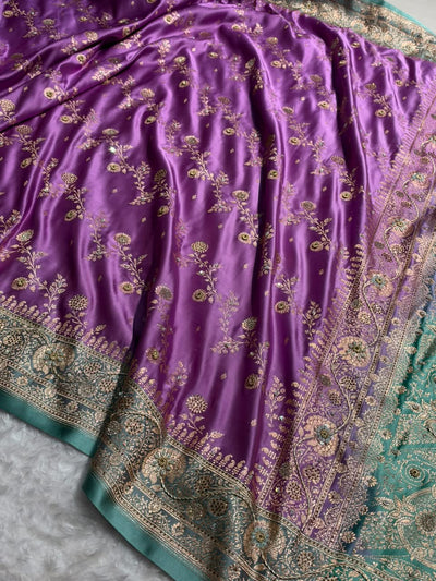 Royal Purple And Teal Green Contrast Banarasi Satin Katan Saree With Aari Zardozi Work Boota in Cross Royal Purle Shades BSK157