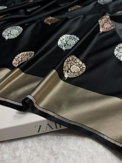 Black Saree With Tusser Border in Floral Pattern Mashru Silk Saree MSM-145