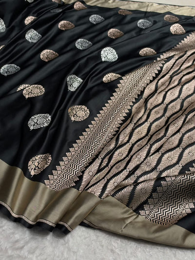 Black Saree With Tusser Border in Floral Pattern Mashru Silk Saree MSM-145