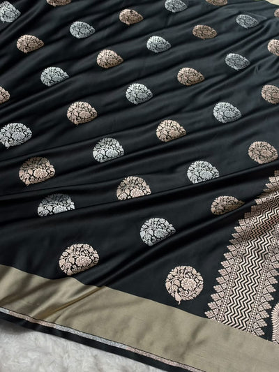 Black Saree With Tusser Border in Floral Pattern Mashru Silk Saree MSM-145