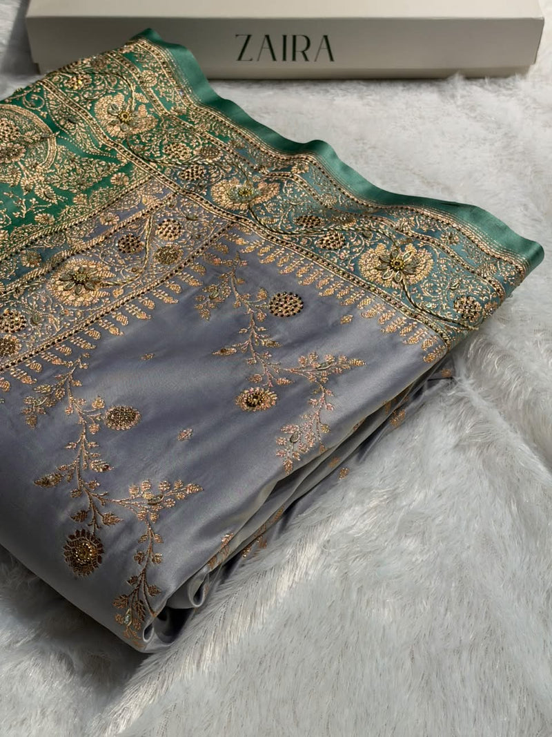 Powder Blue and Teal Green Contrast Banarasi Satin Katan Saree With Aari Zardozi Work Boota in Cross Powder Blue Shades BSK157
