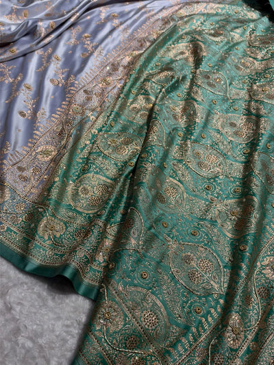 Powder Blue and Teal Green Contrast Banarasi Satin Katan Saree With Aari Zardozi Work Boota in Cross Powder Blue Shades BSK157