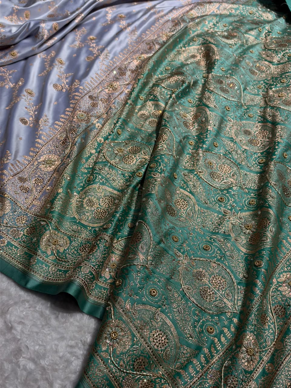Powder Blue and Teal Green Contrast Banarasi Satin Katan Saree With Aari Zardozi Work Boota in Cross Powder Blue Shades BSK157