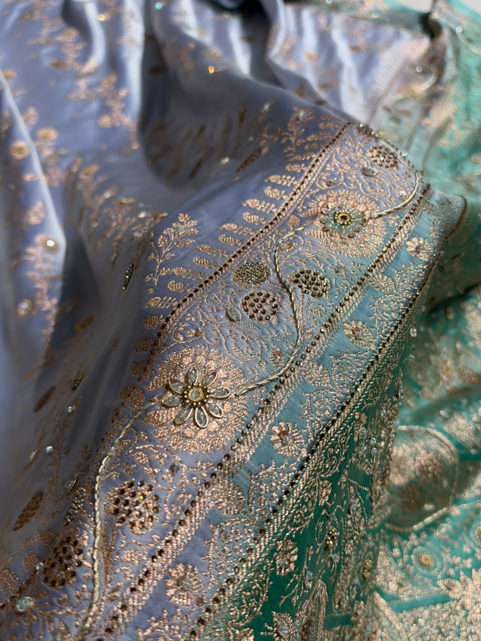 Powder Blue and Teal Green Contrast Banarasi Satin Katan Saree With Aari Zardozi Work Boota in Cross Powder Blue Shades BSK157