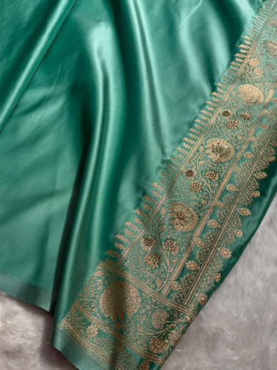 Powder Blue and Teal Green Contrast Banarasi Satin Katan Saree With Aari Zardozi Work Boota in Cross Powder Blue Shades BSK157