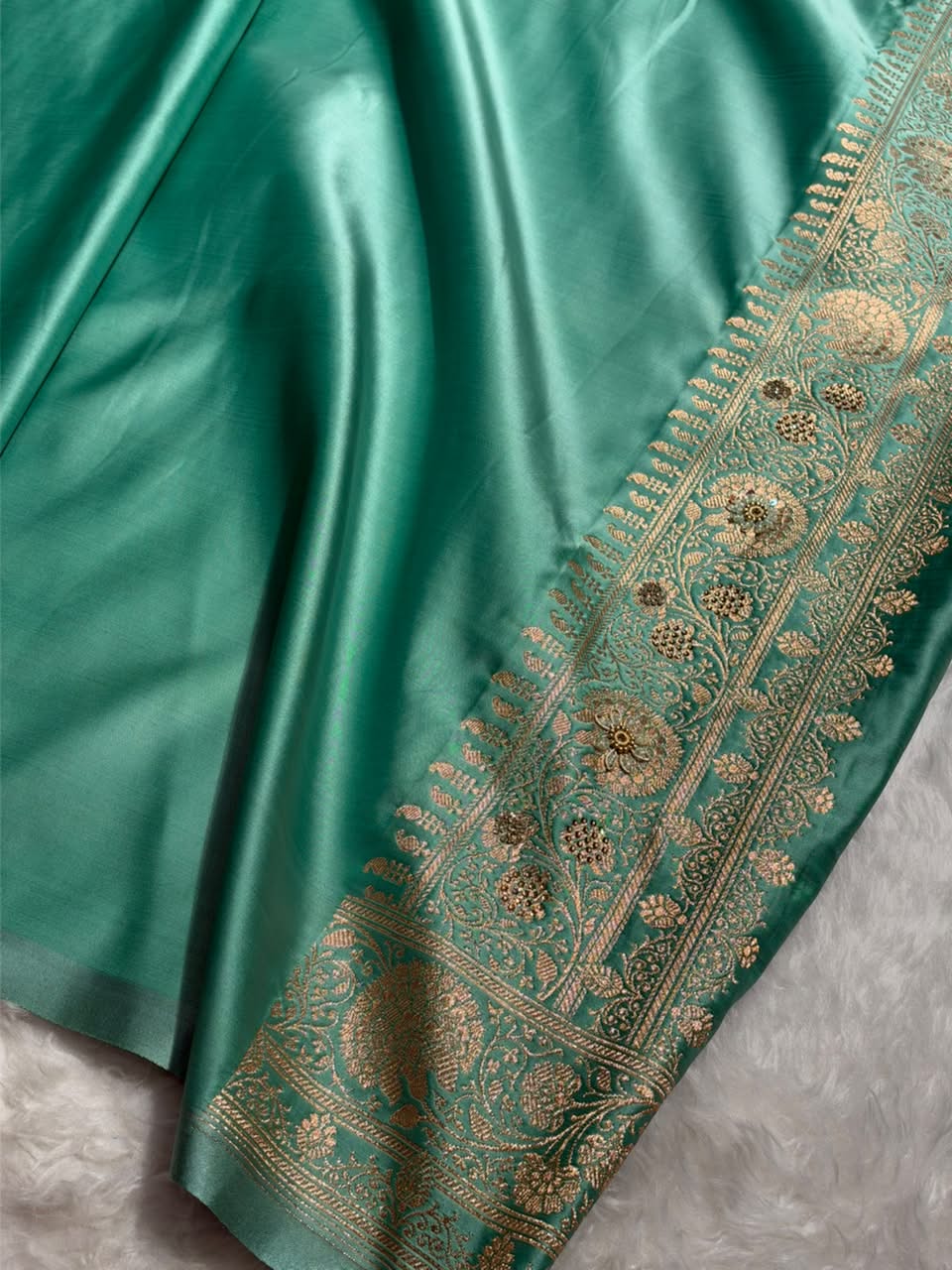 Powder Blue and Teal Green Contrast Banarasi Satin Katan Saree With Aari Zardozi Work Boota in Cross Powder Blue Shades BSK157