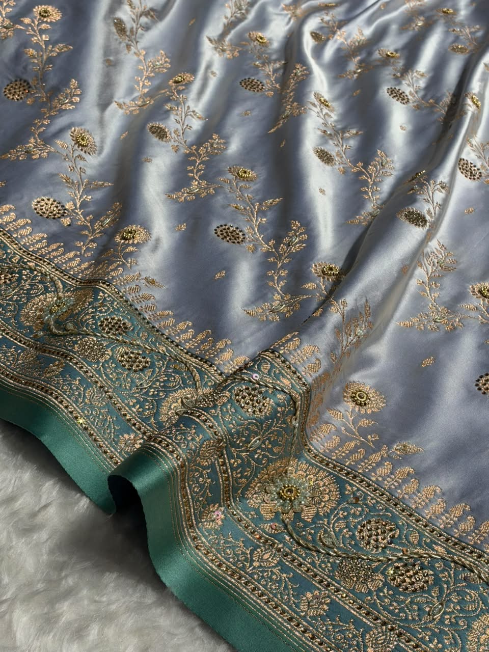 Powder Blue and Teal Green Contrast Banarasi Satin Katan Saree With Aari Zardozi Work Boota in Cross Powder Blue Shades BSK157