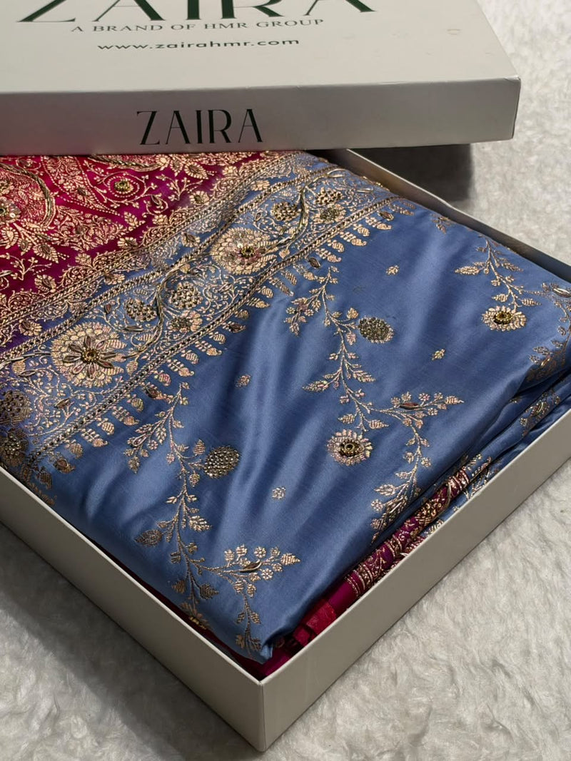 Dusty Blue and Rani Pink Contrast Banarasi Satin Katan Saree With Aari Zardozi Work Boota in Cross Dusty Blue Shades BSK157