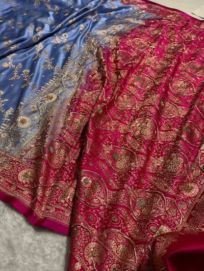 Dusty Blue and Rani Pink Contrast Banarasi Satin Katan Saree With Aari Zardozi Work Boota in Cross Dusty Blue Shades BSK157