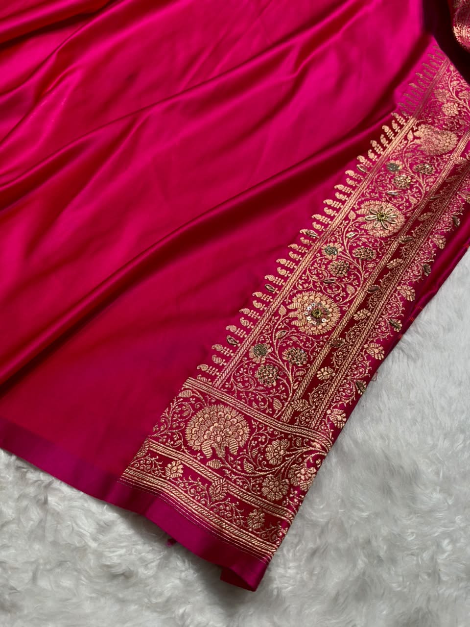 Dusty Blue and Rani Pink Contrast Banarasi Satin Katan Saree With Aari Zardozi Work Boota in Cross Dusty Blue Shades BSK157