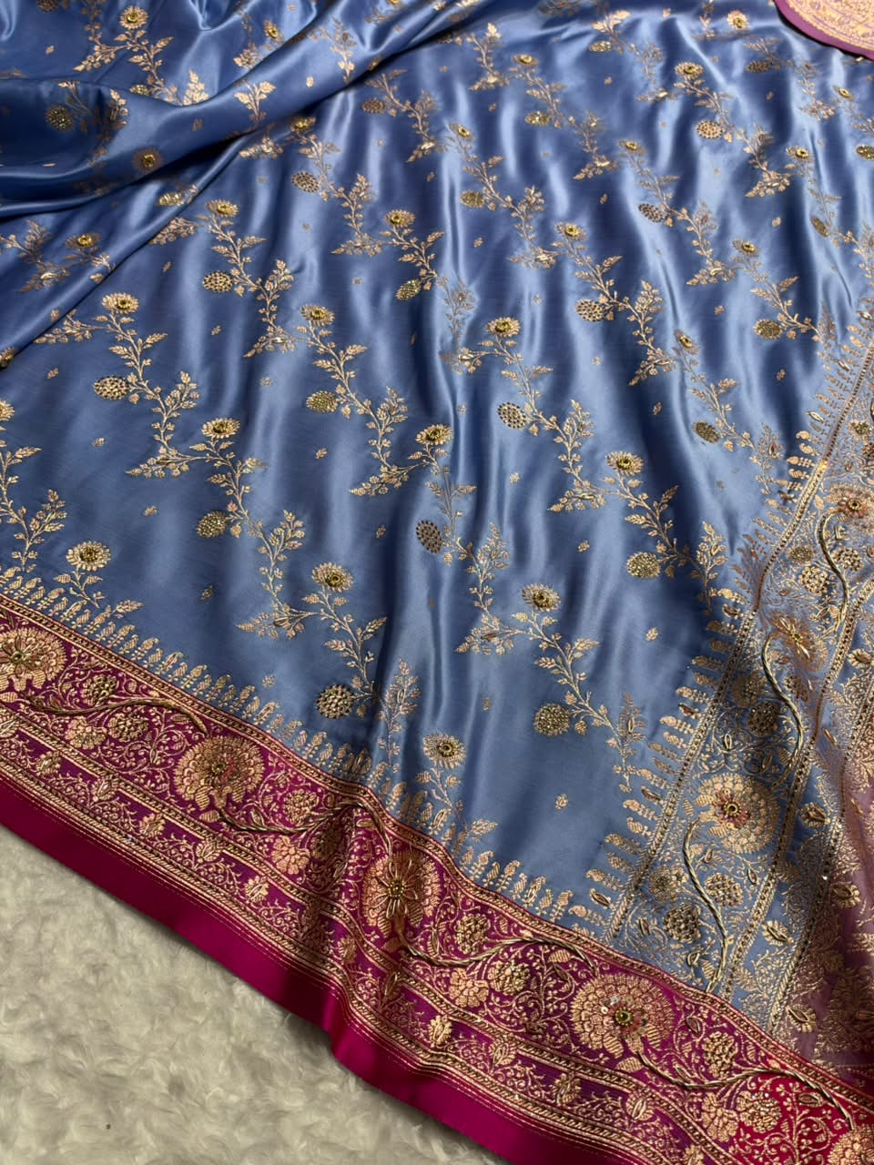 Dusty Blue and Rani Pink Contrast Banarasi Satin Katan Saree With Aari Zardozi Work Boota in Cross Dusty Blue Shades BSK157