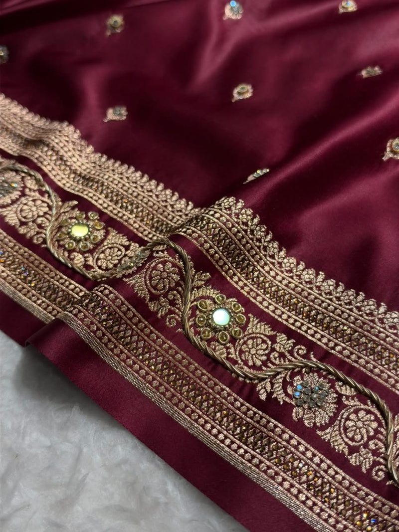 Bridal Garnet Katan Silk  With Zardozi  Work BSK125