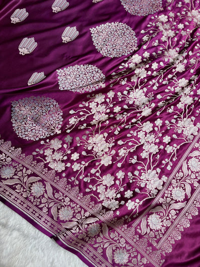 Wine Shades Banarasi Boota Pattern Minakari Floral Mashru Silk Saree MSM-122