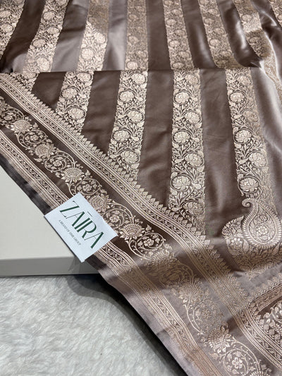 Light Olive Shades Banarasi Cross Pattern Floral Mashru Silk Saree MSM-102