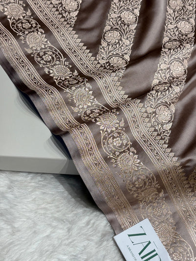Light Olive Shades Banarasi Cross Pattern Floral Mashru Silk Saree MSM-102