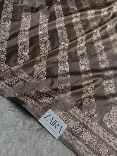 Light Olive Shades Banarasi Cross Pattern Floral Mashru Silk Saree MSM-102
