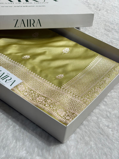 Lemon Pista Shades Banarasi Boota Pattern Floral Mashru Silk Saree MSM-148