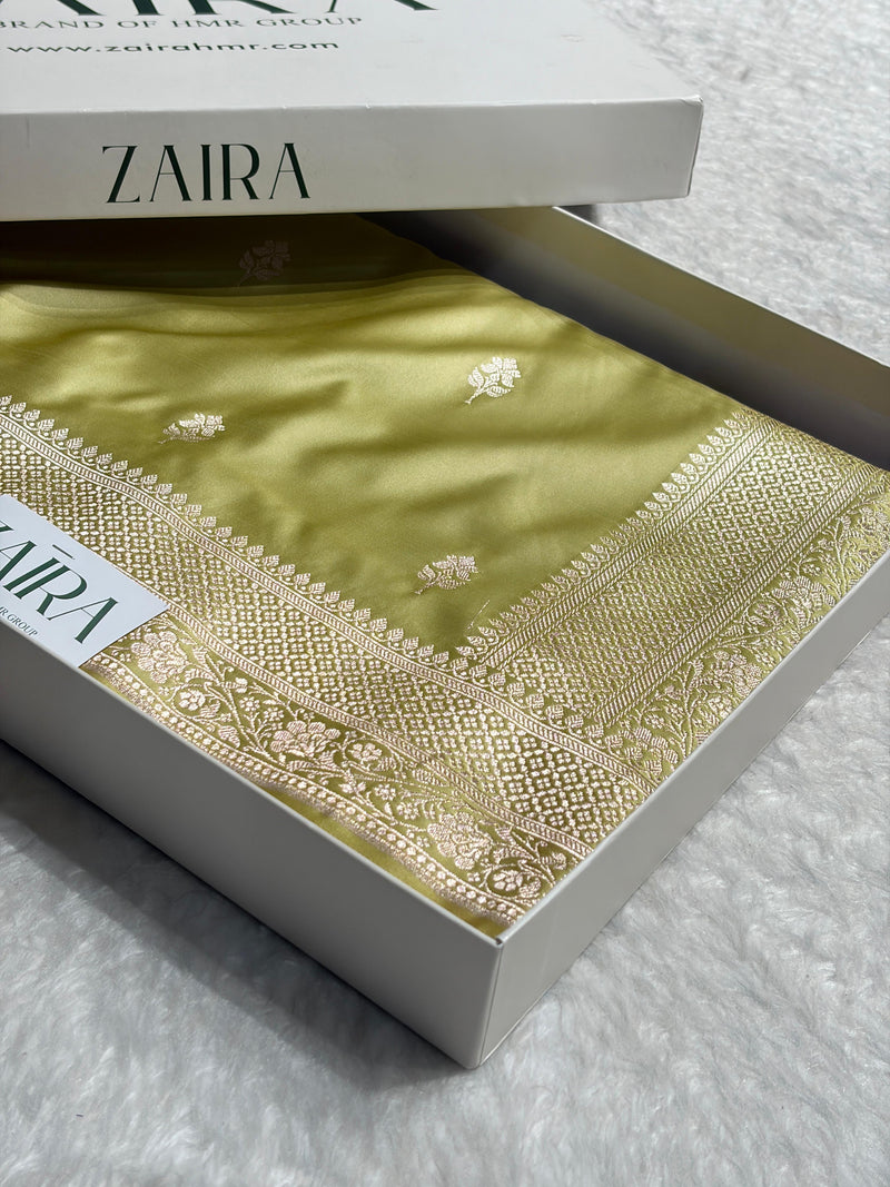 Lemon Pista Shades Banarasi Boota Pattern Floral Mashru Silk Saree MSM-148
