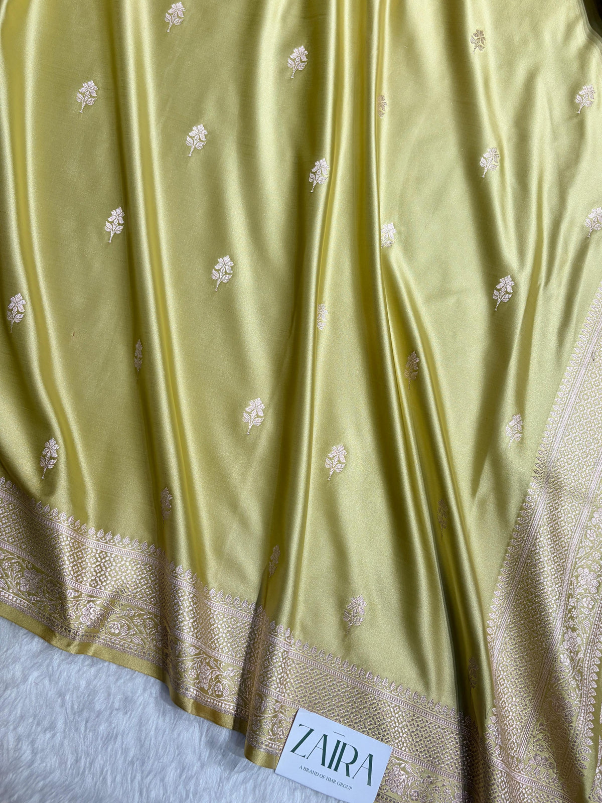 Lemon Pista Shades Banarasi Boota Pattern Floral Mashru Silk Saree MSM-148