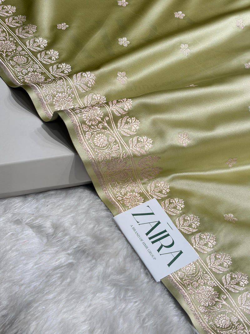 Light Pista Shades Banarasi Boota Pattern Floral Mashru Silk Saree MSM-149
