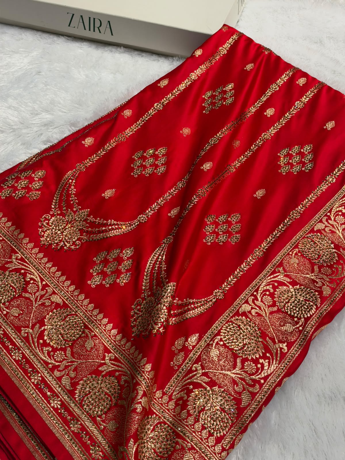Red Floral Boota Pattern With Banaras Swarovski Stone Work Satin Katan Silk saree BSK39