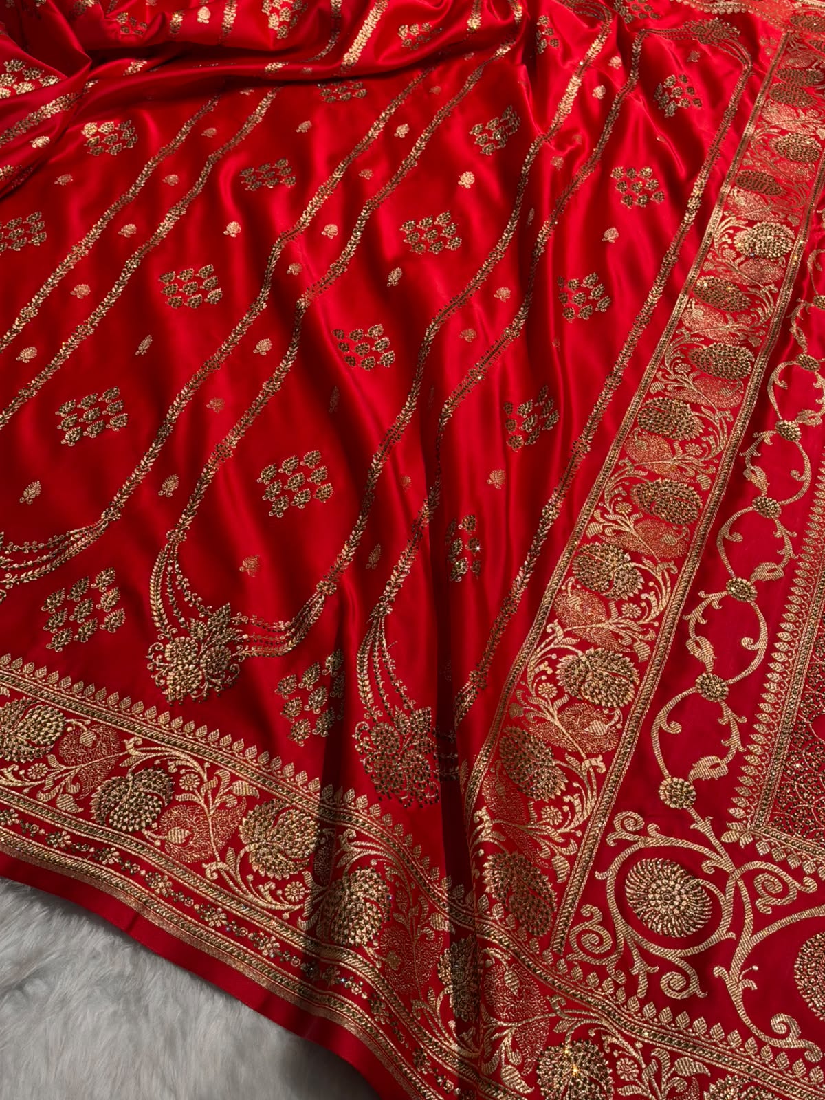Red Floral Boota Pattern With Banaras Swarovski Stone Work Satin Katan Silk saree BSK39